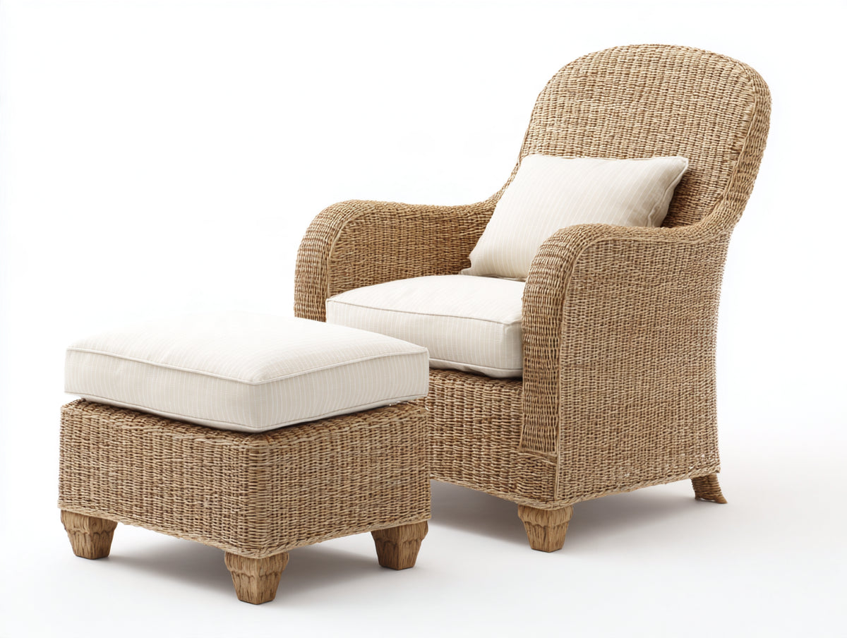 Fauteuil de jardin - Rotin-Tissu - 86 x 80 x 106 cm - Beige naturel-Crème - Style traditionnel
