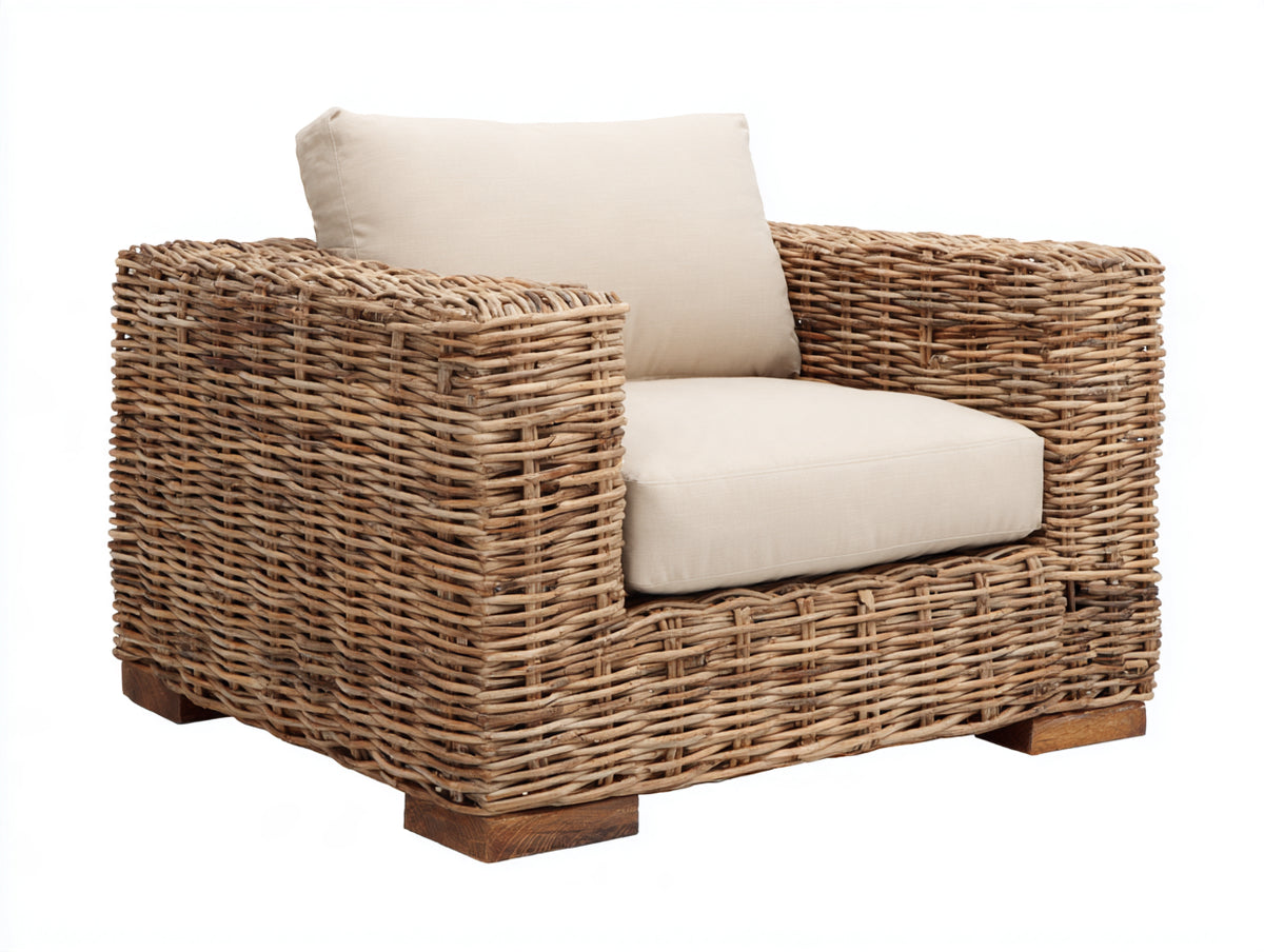 Fauteuil de jardin - Rotin-Tissu - 94 x 88 x 79 cm - Brun naturel-Ivoire - Style rustique