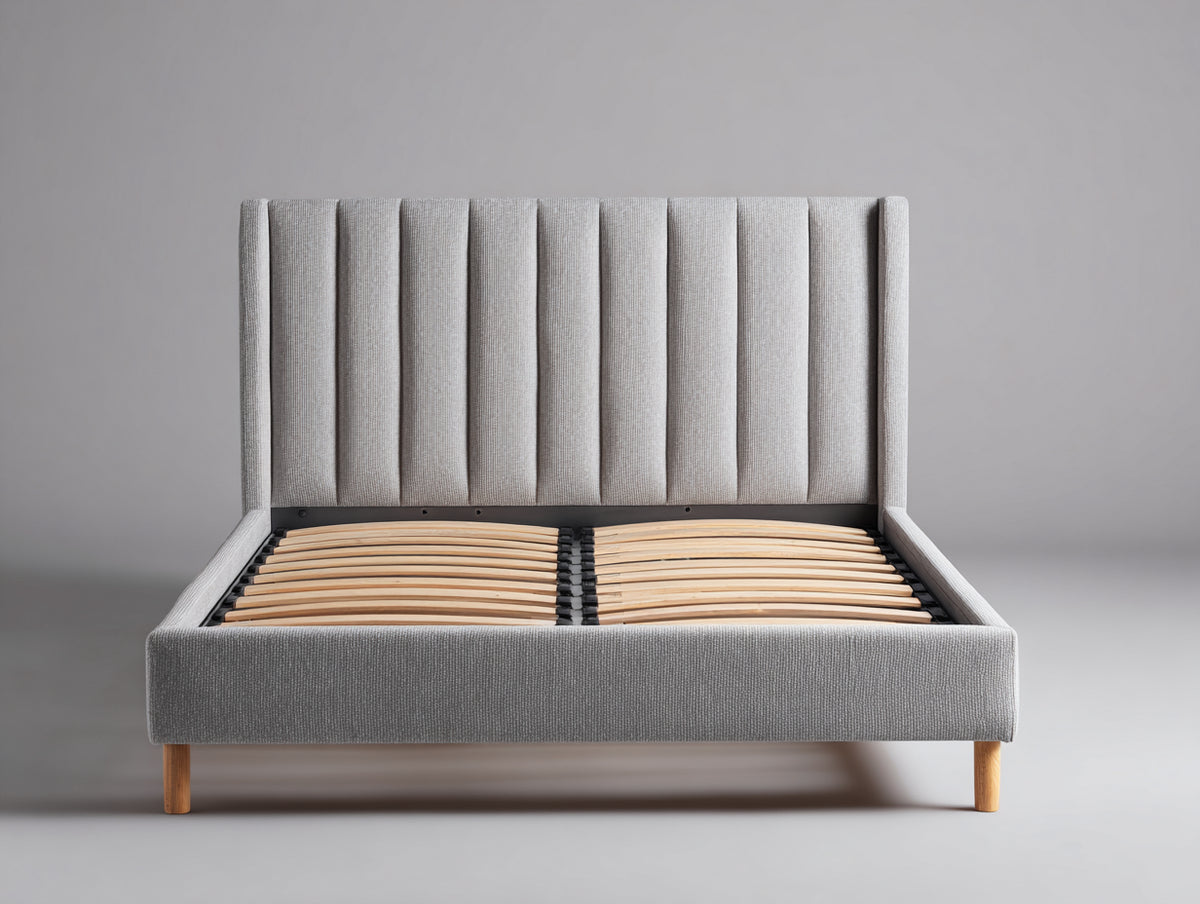 Lit double - tissu-bois - 220 x 180 x 118 cm - gris clair-naturel - style contemporain