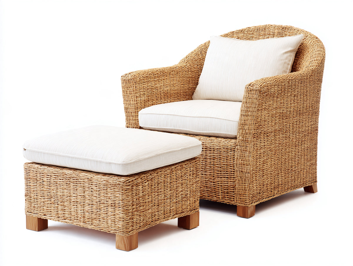 Fauteuil de jardin - Rotin-Tissu - 85 x 80 x 90 cm - Beige naturel-Ivoire - Style contemporain