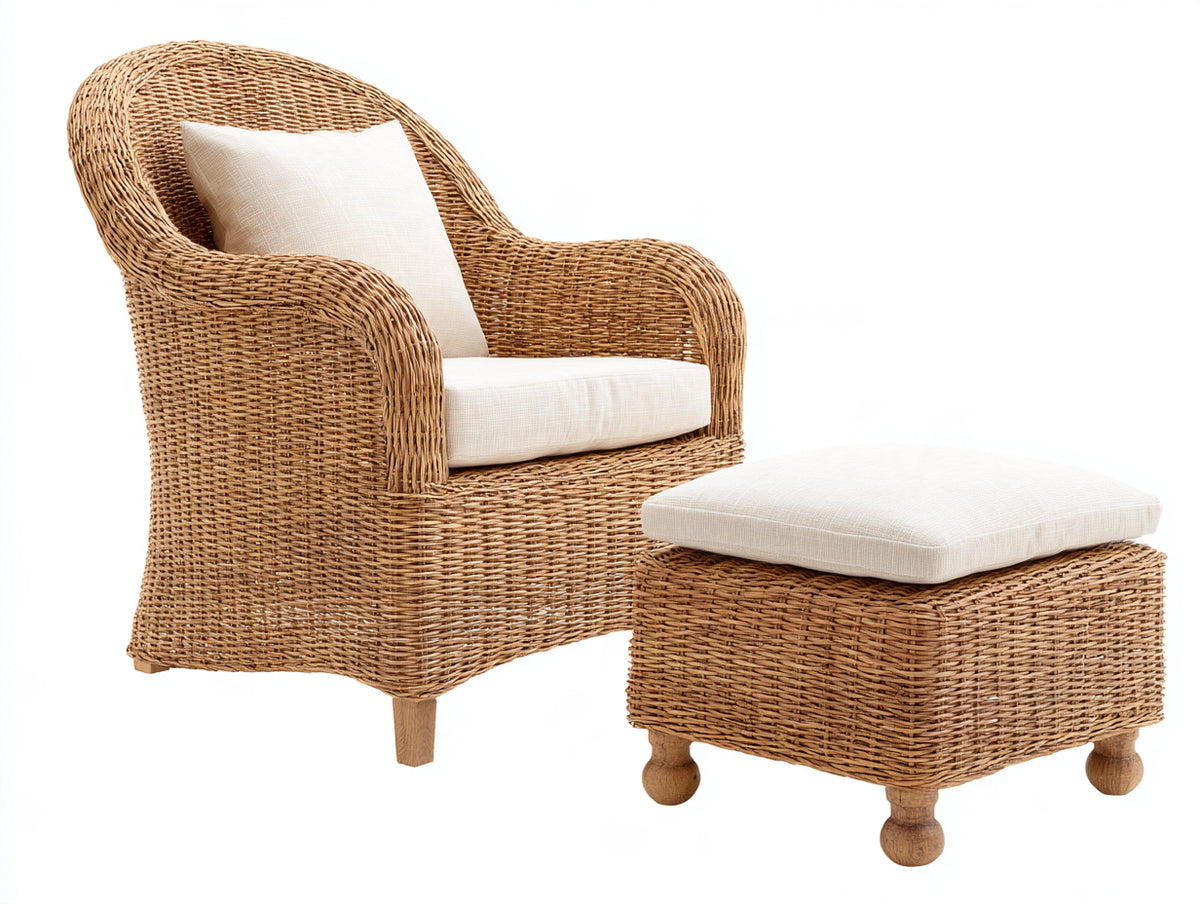 Fauteuil de jardin - Rotin-Tissu - 89 x 84 x 103 cm - Brun clair-Écru - Style classique