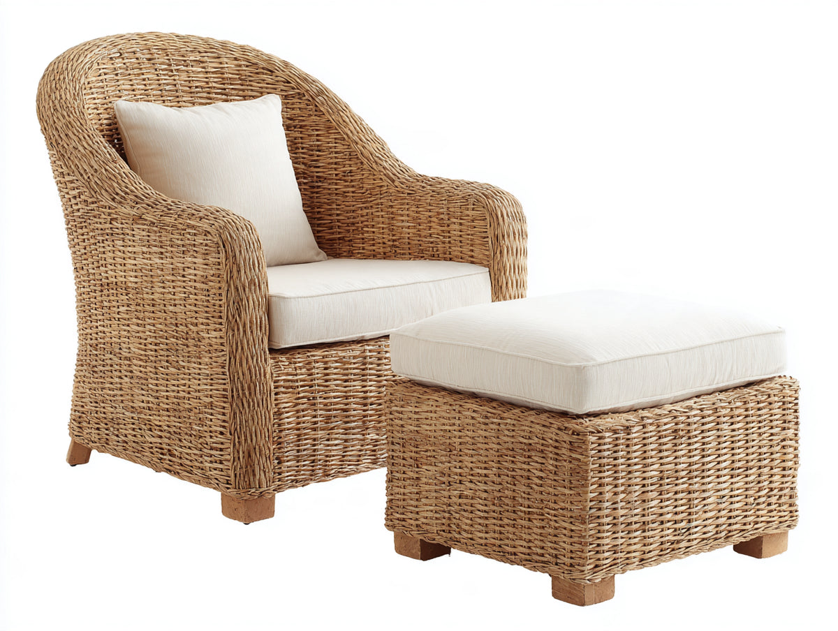 Fauteuil de jardin - Rotin-Tissu - 87 x 81 x 94 cm - Brun naturel-Écru - Style classique