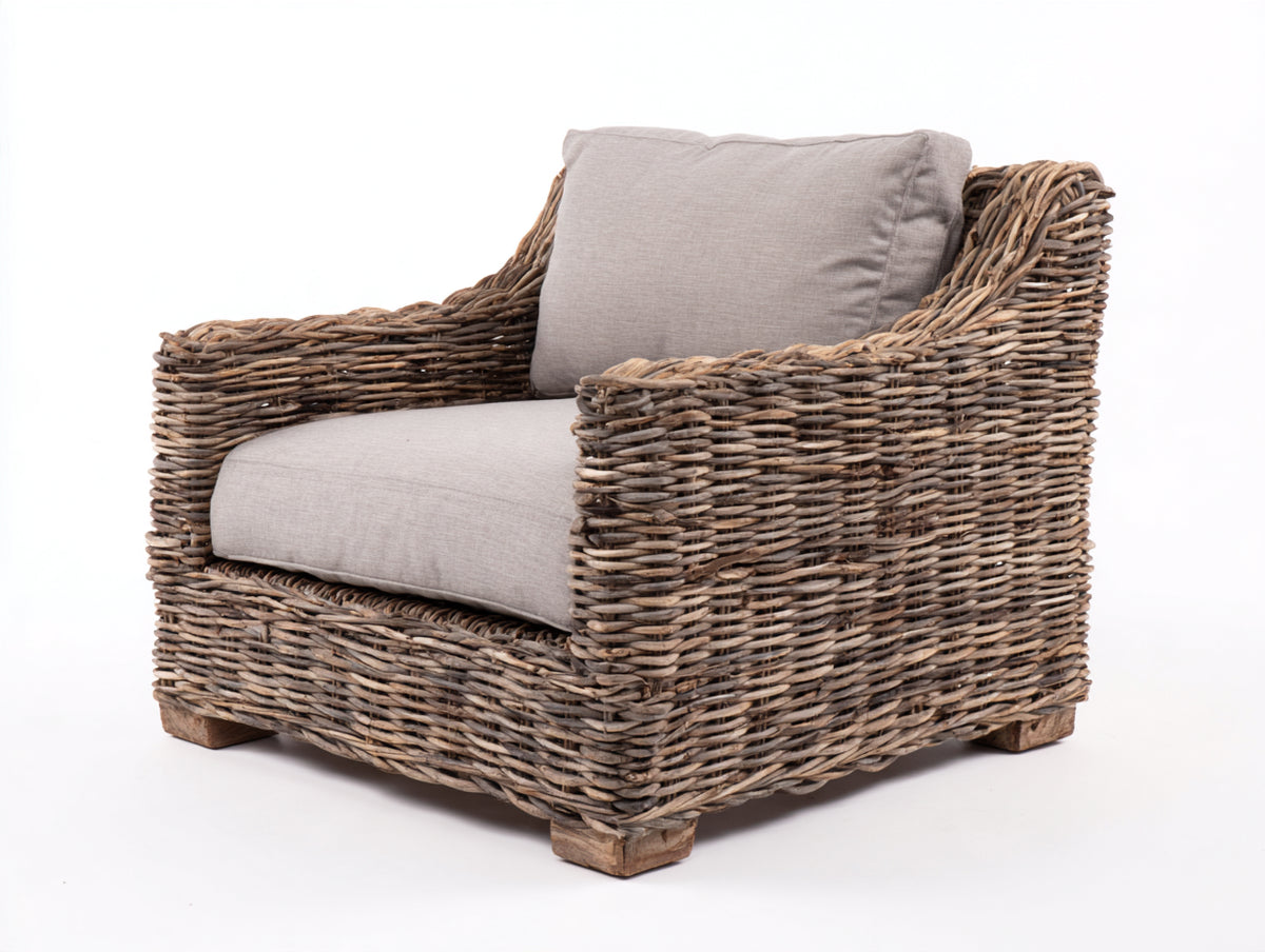 Fauteuil de jardin - Rotin-Tissu - 92 x 86 x 82 cm - Brun grisé-Taupe clair - Style rustique