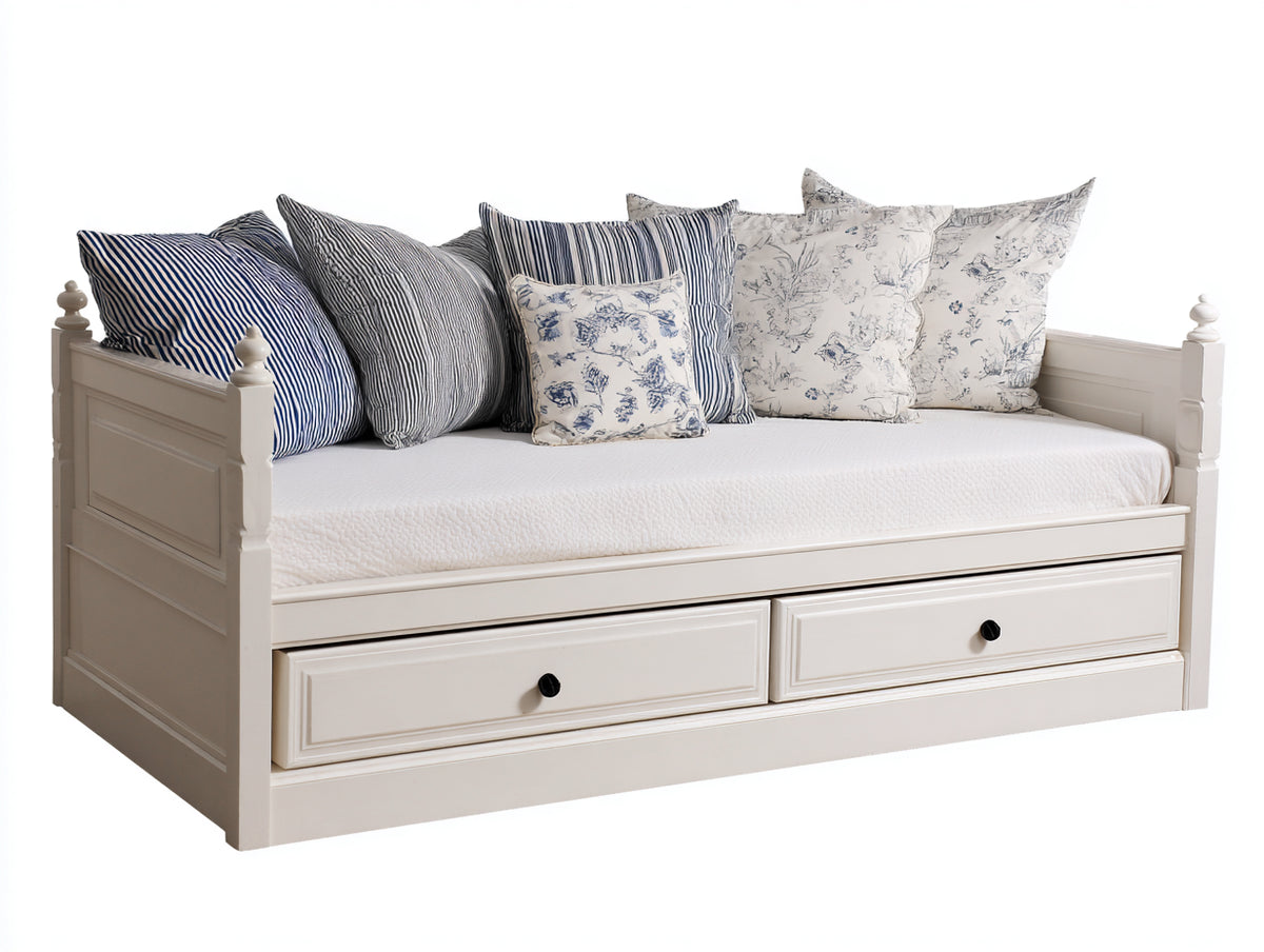 Canapé lit - Bois - 204 x 99 x 94 cm - Blanc cassé - Style classique traditionnel
