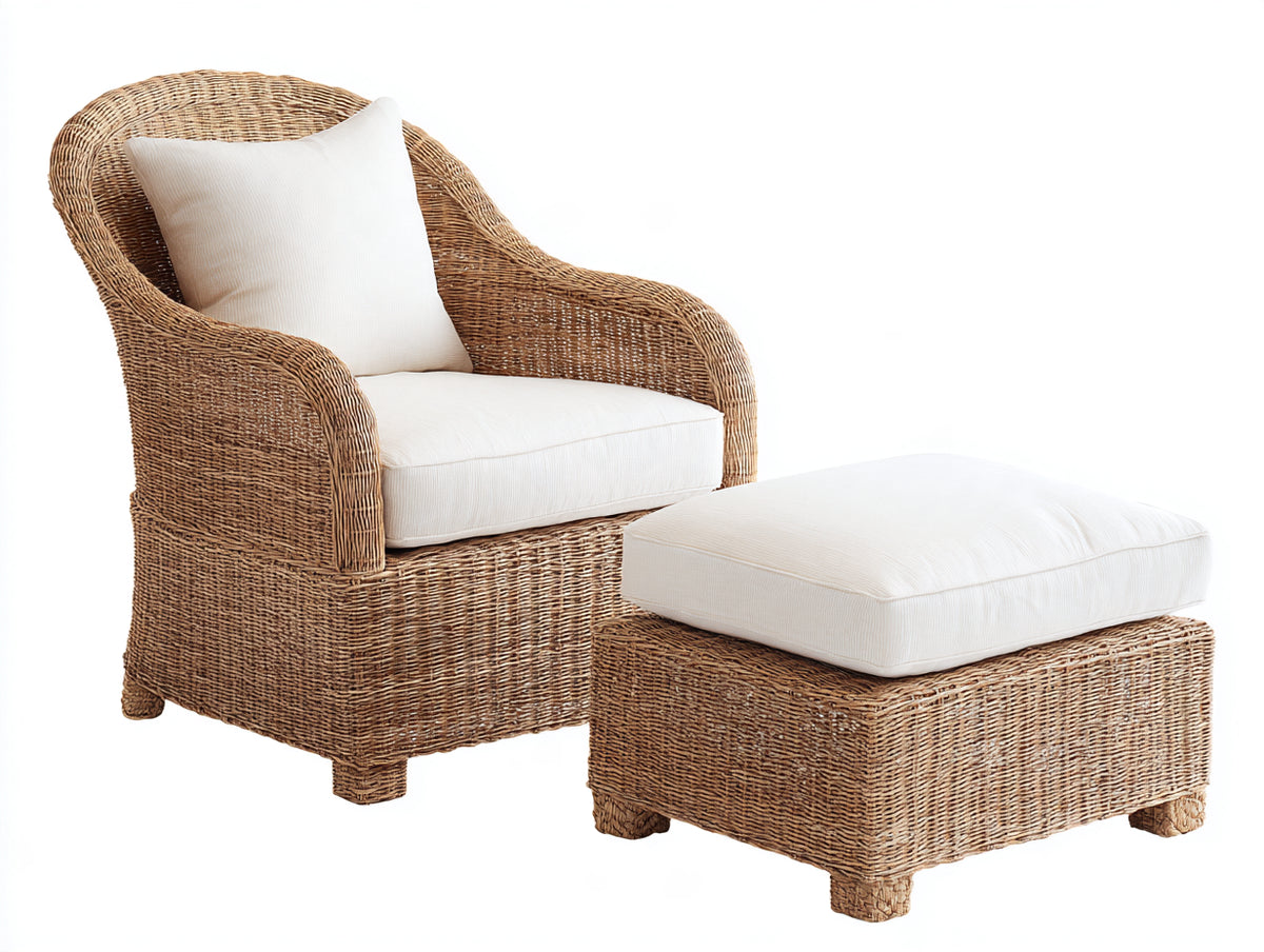 Fauteuil de jardin - Rotin-Tissu - 88 x 82 x 101 cm - Brun clair-Ivoire - Style classique