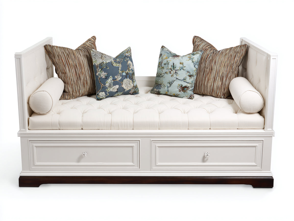Canapé lit - Bois-Tissu - 203 x 99 x 94 cm - Blanc-Marron foncé - Style classique capitonné