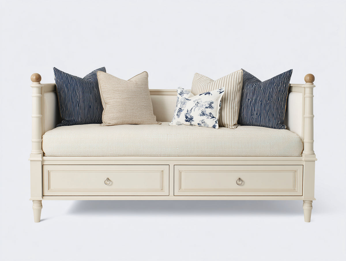 Canapé lit - Bois - 203 x 98 x 95 cm - Blanc cassé-Bois naturel - Style classique à montants tournés