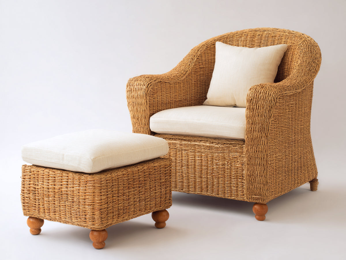 Fauteuil de jardin - Rotin-Tissu - 86 x 81 x 93 cm - Brun miel-Crème - Style cottage