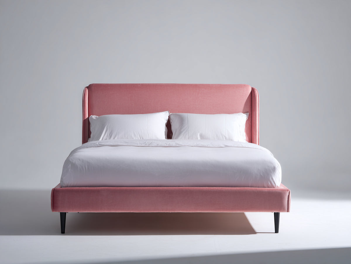 Lit double - tissu - 218 x 180 x 112 cm - rose - style moderne