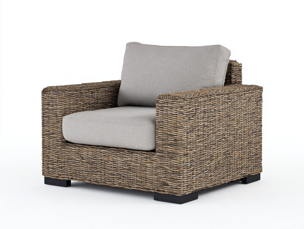 Fauteuil de jardin - Rotin-Tissu - 94 x 88 x 80 cm - Brun naturel-Gris clair - Style rustique contemporain