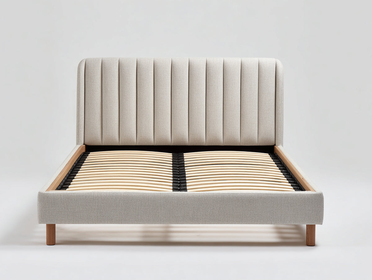 Lit double - tissu-bois - 220 x 180 x 120 cm - beige-naturel - style contemporain