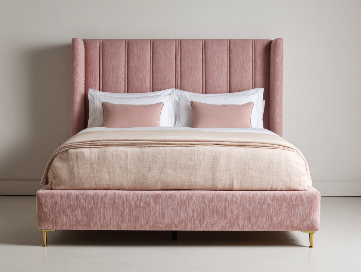Lit double - tissu - 220 x 190 x 135 cm - rose poudré - style contemporain
