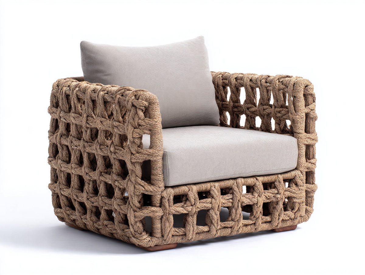Fauteuil de jardin - Corde tressée-Tissu - 89 x 83 x 78 cm - Taupe naturel-Beige clair - Style bohème